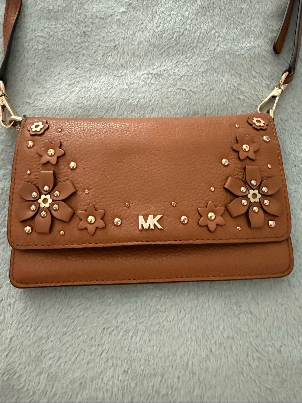 Michael Kors Tan Floral-Appliqué Crossbody Bag with Gold Accents